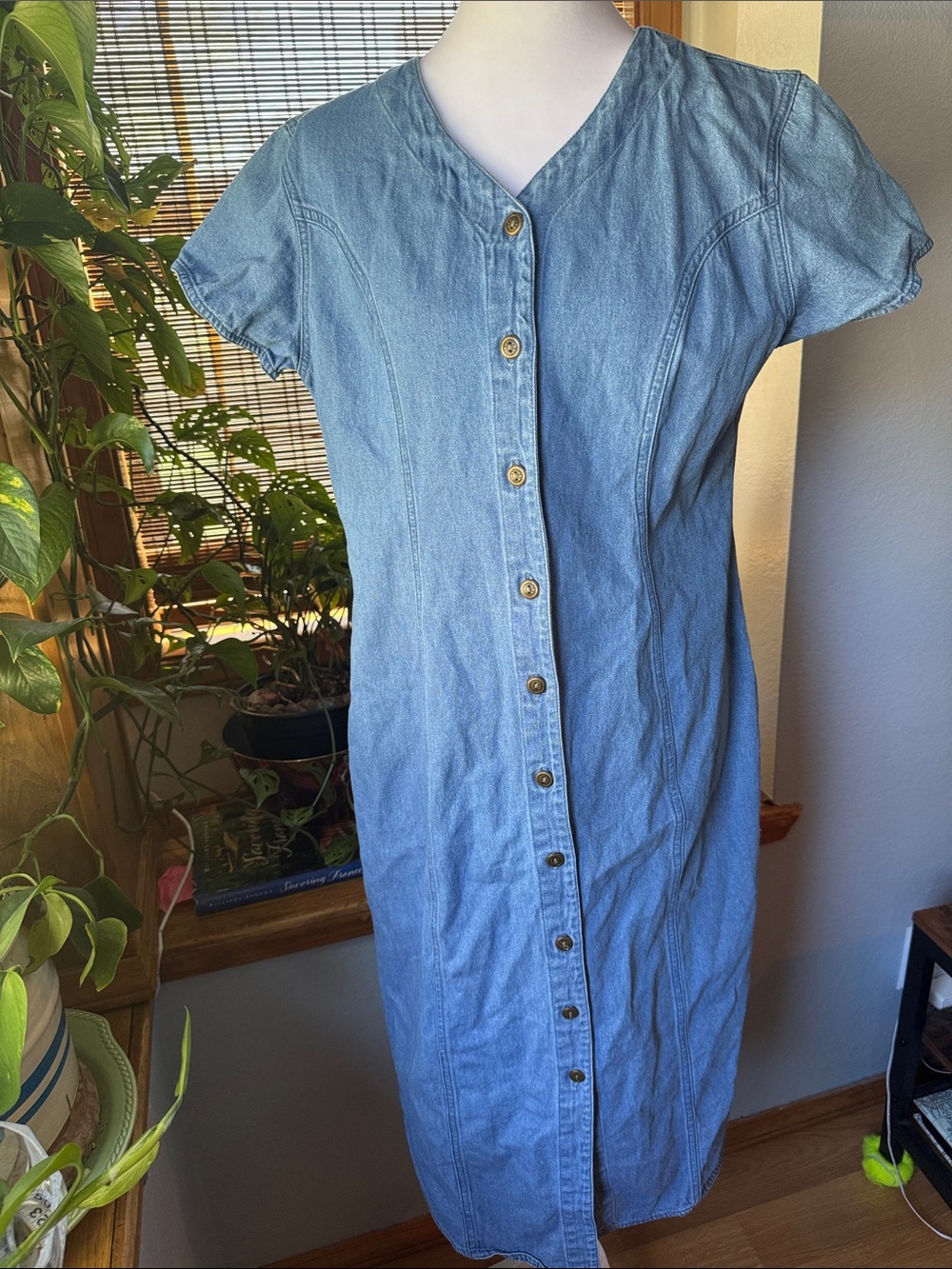 10P VTG 90s FADS Denim Button Down Princess Seam Midi Dress Blue Jumper RACHEL